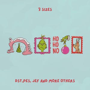 May include: Embroidered Christmas-themed designs on a light blue background. The designs include a pink archway with a Christmas tree, a green Grinch, the words "HO HO NO", a hand holding an ornament, and a reindeer.