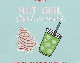 Hot Girl Starter Pack Embroidery Design | Iced Matcha Cup & Tree-Shaped Pastry | Trendy Design