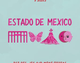 Estado de México Embroidery Design | Mexican State Icons Design | Monarch Butterfly, Volcano, Sun & Moon | Trendy Design