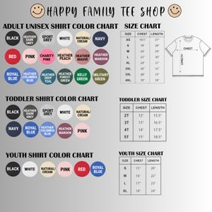 May include: A chart from Happy Family Tee Shop displays adult, toddler, and youth shirt color options and size charts. Colors include black, white, pink, and blue. Size charts show chest and length measurements in inches.