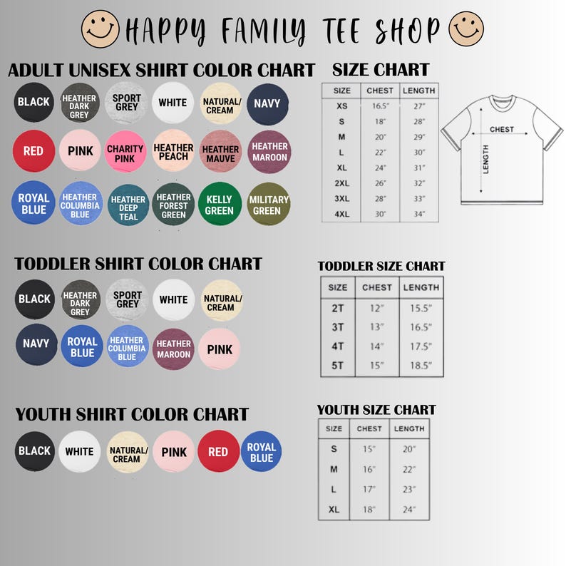 May include: A chart from Happy Family Tee Shop displays adult, toddler, and youth shirt color options and size charts. Colors include black, white, pink, and blue. Size charts show chest and length measurements in inches.