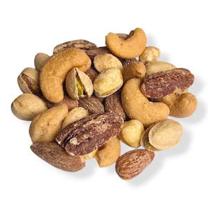 May include: A selection of mixed nuts, including cashews, almonds, pecans, and pistachios. The nuts are various shades of brown and tan, with some showing salt crystals. The image is set against a plain white background.