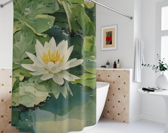 Cortina de ducha con flor de loto / Decoración de baño con motivos florales botánicos