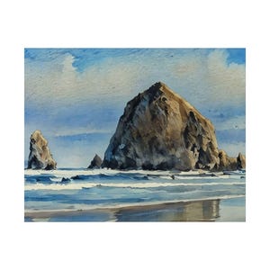 May include: Watercolour painting of a coastal scene with large rock formations in the sea. The sky is blue with soft clouds, and the water has shades of blue and white. The beach is visible in the foreground.