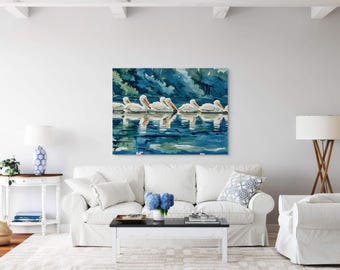 scène matinale de pélicans blancs américains | Art mural étiré mat