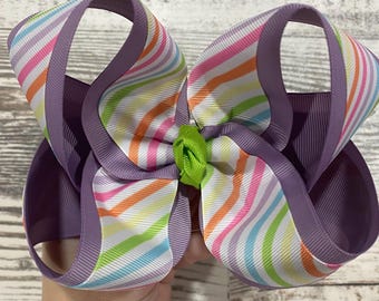 Large Dusty Purple with Multi-Color Stripes Twisted Boutique Bow