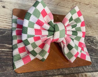 Pink & green check bow style head wrap
