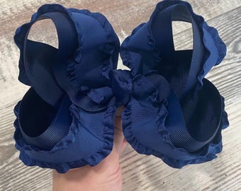 Navy Blue Twisted Boutique Bow with Ruffles