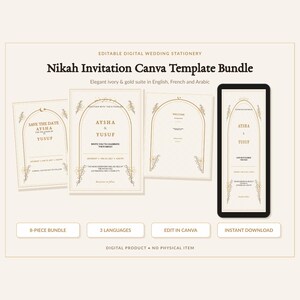 Puede incluir: Un paquete de papelería de boda digital editable con plantillas en color marfil y dorado. El conjunto incluye varios diseños de invitación con marcos arqueados, detalles florales y el texto Nikah Invitation Canva Template Bundle.