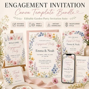 May include: An engagement invitation Canva template bundle featuring a garden party theme with watercolor wildflowers. The suite includes a welcome sign, invitation, save the date, RSVP card, and thank you note, all displaying floral borders and text.