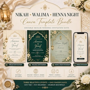 May include: A Canva template bundle for a Muslim wedding invitation suite featuring Nikah, Walima, and Henna Night designs. The set includes cream and dark green cards with gold floral accents, hanging lanterns, and text for Aamina and Yusuf.