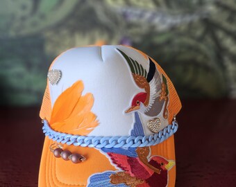 Embellished Bird Patch Snapback Hat - One-of-a-Kind A-Frame Cap