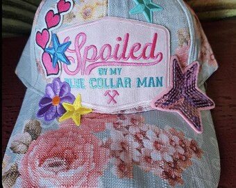 Floral 5-Panel Cotton Cap - 'Spoiled by my Blue Collar Man'