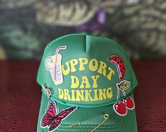 Embellished A-Frame Snapback Hat: 'Support Day Drinking' Patches