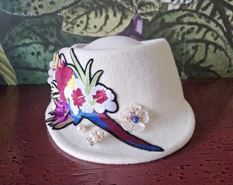 Wool Cadet Hat with Cherry Blossom Patch, Korean Fashion