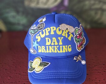 Embellished A-Frame Snapback Hat: 'Support Day Drinking'