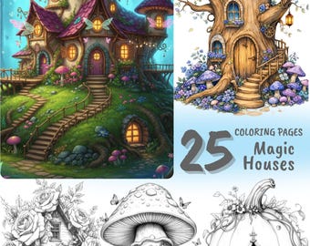 Livro de colorir com casinhas de fadas na floresta para adultos e adolescentes, 25 páginas de arte inspiradas na floresta encantada, fantasia aconchegante para imprimir (Baixar PDF)