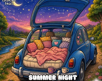 Puede incluir: Un libro para colorear titulado Summer Night bold & easy coloring book con 32 páginas. La portada muestra un coche azul con el maletero abierto que contiene un colchón, almohadas y una manta, aparcado junto a un río bajo un cielo estrellado.