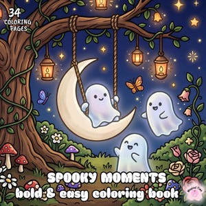 Puede incluir: Un libro para colorear titulado Spooky Moments con 34 páginas. La ilustración de la portada muestra tres fantasmas blancos en un bosque nocturno, uno sentado en un columpio de media luna, con linternas colgantes, setas y flores.