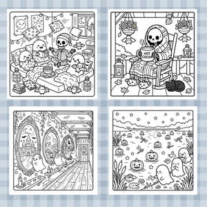 May include: A set of four black and white coloring pages featuring Halloween themes. One shows ghosts and a skeleton having a sleepover, another a skeleton drinking hot cocoa, a third depicts ghosts in a hallway with mirrors, and the last shows ghosts by a pond.