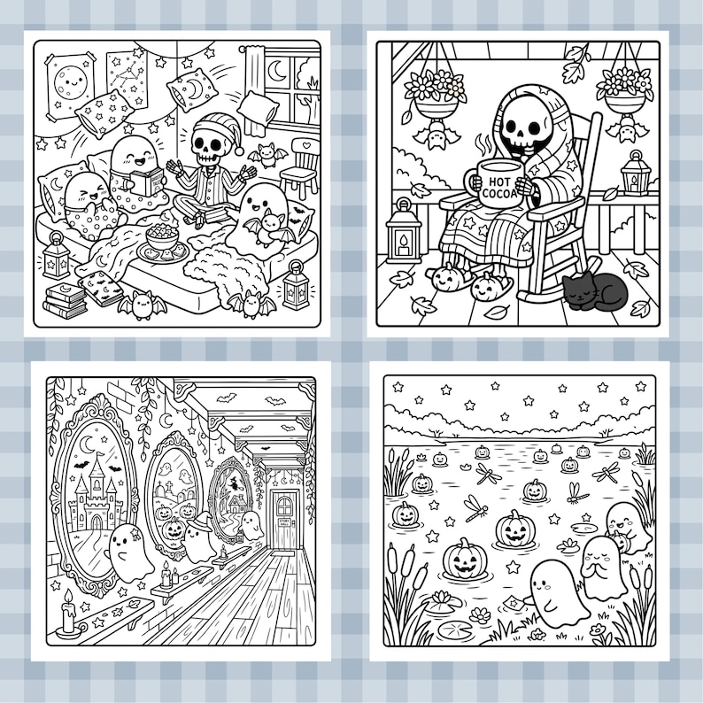 May include: A set of four black and white coloring pages featuring Halloween themes. One shows ghosts and a skeleton having a sleepover, another a skeleton drinking hot cocoa, a third depicts ghosts in a hallway with mirrors, and the last shows ghosts by a pond.