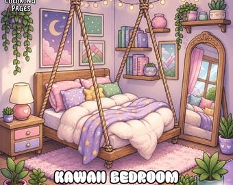Kawaii bedroom coloring pages, 35 cozy aesthetic room interior coloring book for teens and adults, relaxing digital download (PDF)