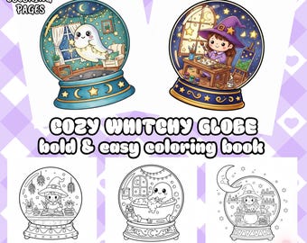 Cozy witch crystal ball coloring pages, 40 simple and bright drawings, relaxing coloring pages for adults and children (download PDF)