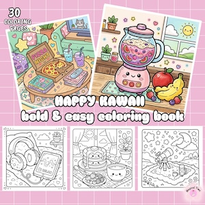 Op de afbeelding: Een kleurboek met 30 pagina's, met kawaii-stijl illustraties. De omslag toont kleurrijke afbeeldingen van pizza, een blender en andere schattige sc&egrave;nes. De tekst luidt "HAPPY KAWAII bold & easy coloring book."