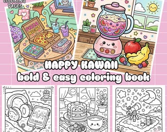 Happy kawaii coloring book, 30 cute cozy coloring pages, simple and bright drawings, relaxing coloring pages for adults and children (PDF)