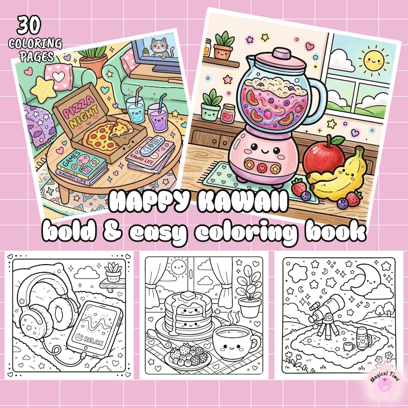 Op de afbeelding: Een kleurboek met 30 pagina's, met kawaii-stijl illustraties. De omslag toont kleurrijke afbeeldingen van pizza, een blender en andere schattige sc&egrave;nes. De tekst luidt "HAPPY KAWAII bold & easy coloring book."