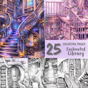 May include: A collection of 25 coloring pages featuring enchanted library scenes. The images showcase detailed illustrations of whimsical libraries with spiral staircases, bookshelves, and magical lighting. The cover art features the text "Coloring Pages Enchanted Library".