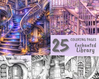 Cute Enchanted Library coloring book,25 magical fantasy pages, printable adult coloring pages, relaxing digital coloring book(Download PDF)