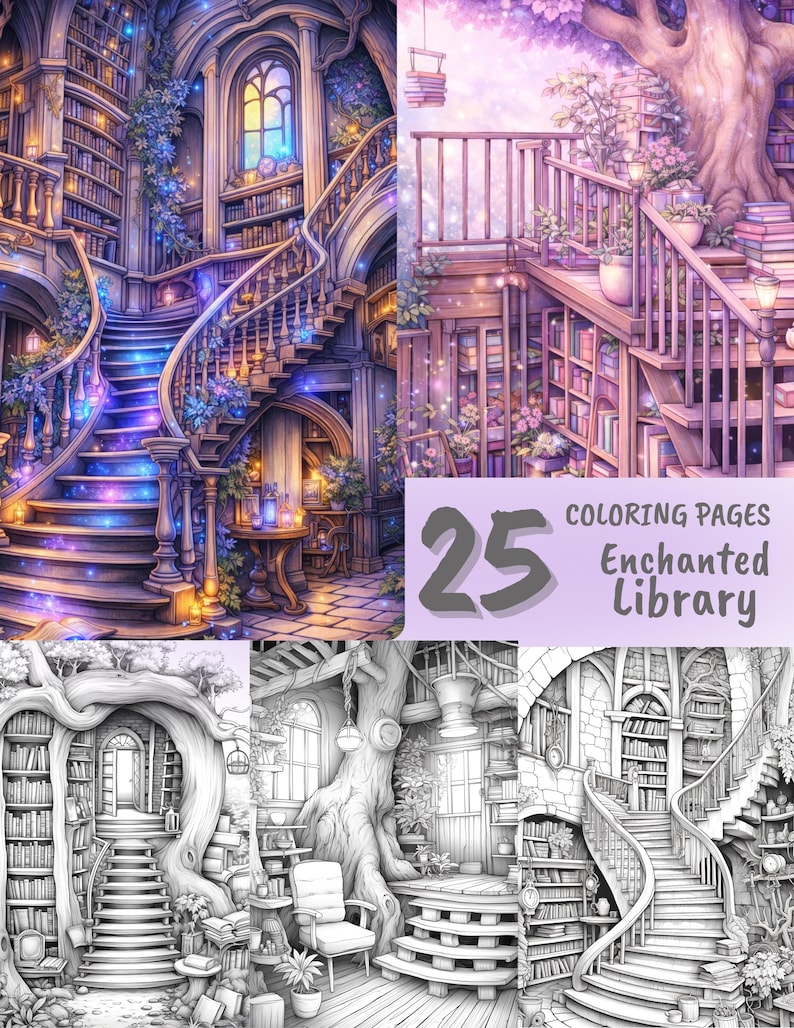 May include: A collection of 25 coloring pages featuring enchanted library scenes. The images showcase detailed illustrations of whimsical libraries with spiral staircases, bookshelves, and magical lighting. The cover art features the text "Coloring Pages Enchanted Library".