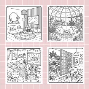 May include: A set of four black and white line art coloring pages featuring interior scenes. One shows a living room, another a greenhouse with roses, a third a cozy movie night setup with text, and the fourth a room with a glass block wall.