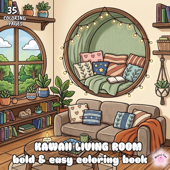 Kawaii living room coloring book,35 cozy coloring pages,bold & easy coloring book for adults and teens, relaxing digital download (PDF)