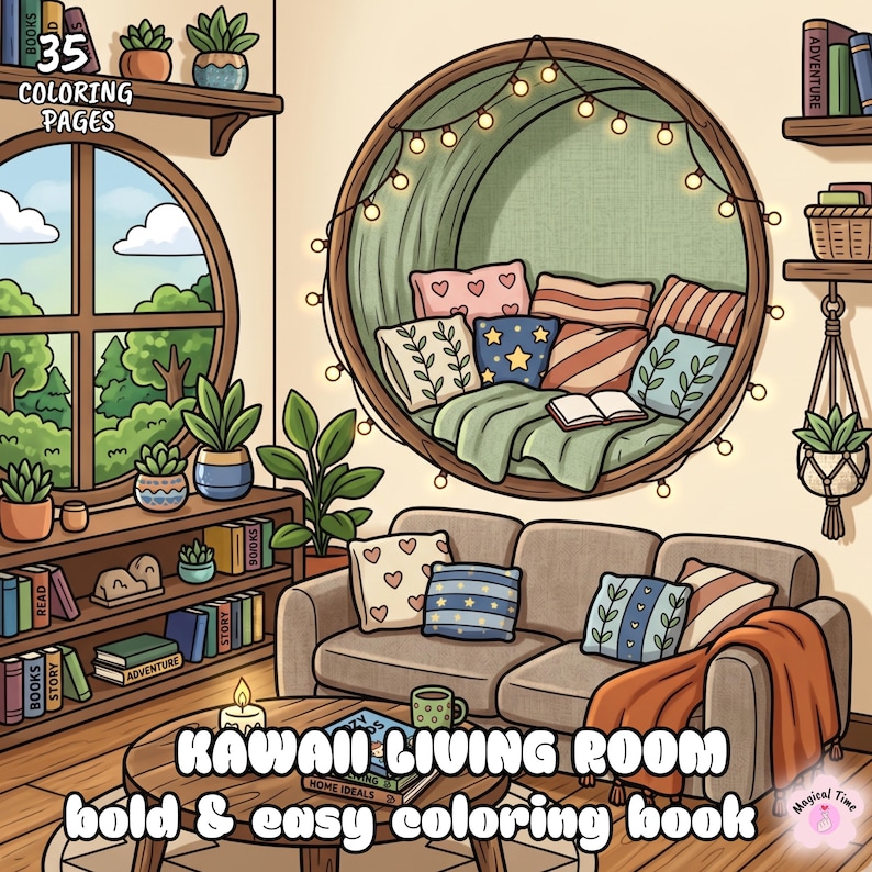 May include: A coloring book page titled Kawaii Living Room featuring a cozy interior with a circular window seat filled with pillows, a sofa with patterned cushions, bookshelves, potted plants, and string lights. Text reads 35 Coloring Pages.