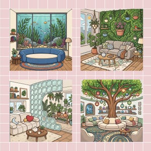 May include: A four-panel illustration showing interior living spaces. One panel features a large aquarium wall, another a plant-filled room with a sofa, a third a glass block partition with plants, and the fourth a room with a central tree and lanterns.