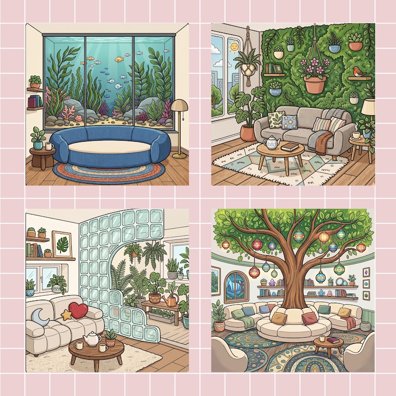 May include: A four-panel illustration showing interior living spaces. One panel features a large aquarium wall, another a plant-filled room with a sofa, a third a glass block partition with plants, and the fourth a room with a central tree and lanterns.