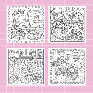 Op de afbeelding: Vier zwart-wit kleurplaten op een roze achtergrond. De pagina's tonen sc&egrave;nes van kunstbenodigdheden, garen, een teddybeer, een kat in een theekopje en ontbijt op bed. Elke pagina is omgeven door een decoratieve rand.
