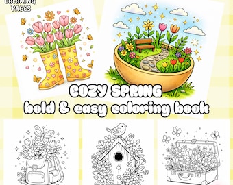 Cozy spring coloring pages, simple and bright drawings, relaxing coloring pages for adults and children (download PDF)