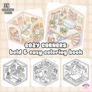 May include: A coloring book titled "Cozy Corners" with 38 coloring pages. The cover features colorful illustrations of cozy rooms, including a living room, bathroom, and bedroom. The book also includes black and white line drawings of rooms.