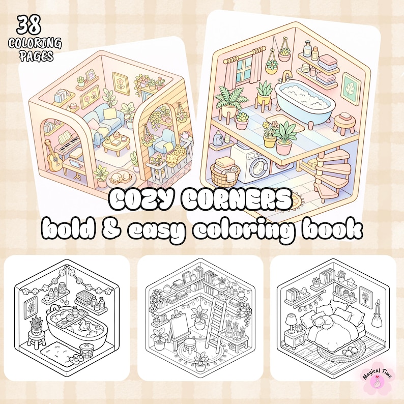 May include: A coloring book titled "Cozy Corners" with 38 coloring pages. The cover features colorful illustrations of cozy rooms, including a living room, bathroom, and bedroom. The book also includes black and white line drawings of rooms.