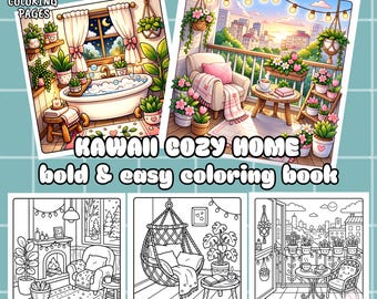Kawaii cozy home coloring pages,35 cute hygge interior scenes,relaxing coloring book,cozy room decor,adult & teen coloring(download PDF)