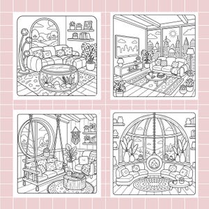 May include: A set of four black and white line art illustrations depicting interior living spaces. Each square panel features detailed furniture, potted plants, rugs, and windows with outdoor views, designed as a coloring page collection.