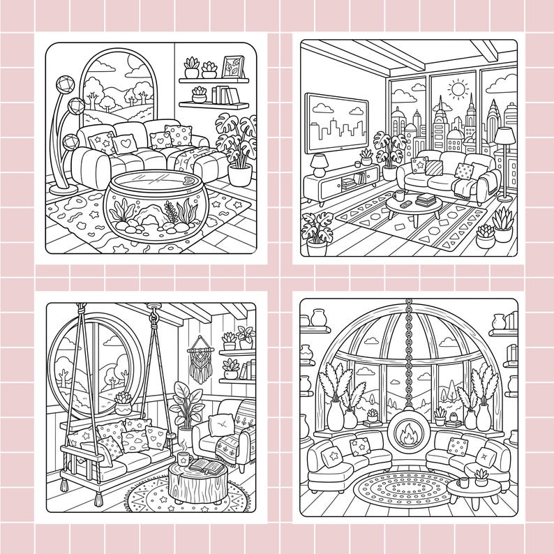 May include: A set of four black and white line art illustrations depicting interior living spaces. Each square panel features detailed furniture, potted plants, rugs, and windows with outdoor views, designed as a coloring page collection.