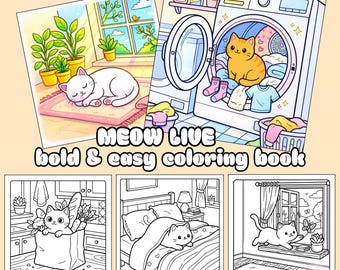 Cozy cat life Coloring Book for Teens and Adults, bright and simple coloring pages, cute cat drawings, digital (download PDF)