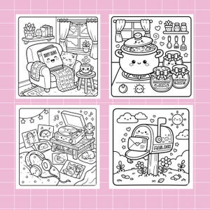 Op de afbeelding: Vier zwart-wit illustraties van gezellige sc&egrave;nes. E&eacute;n toont een leeshoek met een boek, een fauteuil en koffie. Een andere toont een pot op een fornuis met jampotten. Een derde toont een platenspeler en een koptelefoon. De laatste toont een brievenbus.