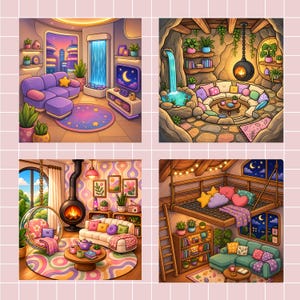 May include: A four-panel digital illustration featuring cozy interior scenes. The top left shows a purple sofa and indoor waterfall. The top right depicts a stone cave room with a hanging fireplace. The bottom left displays a retro living room with a bubble chair. The bottom right shows a loft bed with a net floor.