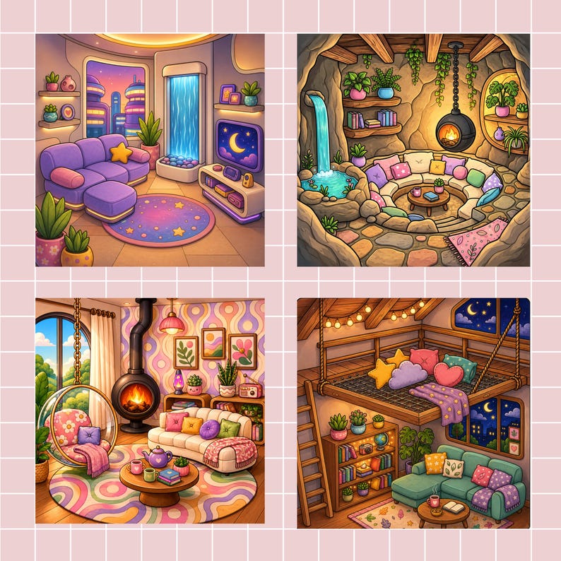 May include: A four-panel digital illustration featuring cozy interior scenes. The top left shows a purple sofa and indoor waterfall. The top right depicts a stone cave room with a hanging fireplace. The bottom left displays a retro living room with a bubble chair. The bottom right shows a loft bed with a net floor.