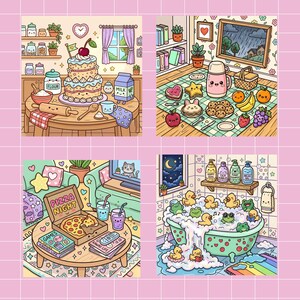 Op de afbeelding: Een vierdelige cartoon illustratie. Sc&egrave;nes omvatten een taartbereiding, een picknick met eten, een pizza-avond en een badsc&egrave;ne met eenden en kikkers. De stijl is cartoonachtig met pastelkleuren en schattige details.